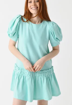 English Factory 100% Cotton Women’s XS Puff Sleeve Mini Dress in Mint Green thumbnail 1