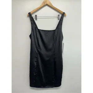 AQUA Mini‎ Satin Dress Size Large Black Square Neck Sleeves Exclusive NWT thumbnail 2