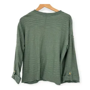 LOFT | Large | Textured Knit V-Neck Gold Button Up Tab-Cuff Pullover Sweater thumbnail 3
