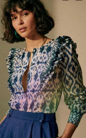 Sezane Boby Ruffle Blouse in Ikat Blue Size: 36 NEW thumbnail 1