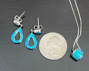 Sterling Silver Turquoise Inlay 16” Necklace and Earrings Set thumbnail 5