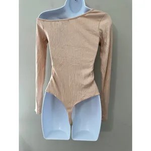 Trouvé Womens Ribbed Knit Bodysuit Long Sleeve‎ Off Shoulder Beige Size S thumbnail 3