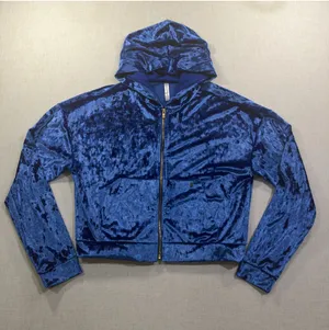 Fabletics Royal Blue Crushed Velvet Zip Up Cropped Hoodie Medium thumbnail 1