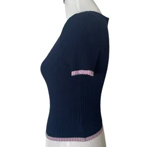 Ribbed Knit Cropped Baby Tee‎ Ruffle Edge Top S Navy Blue Pastel Stretch Indie thumbnail 5