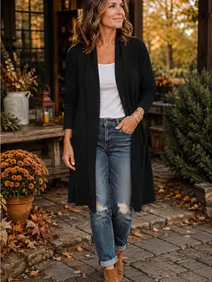 Black Open Front Long Cardigan Sweater Women’s Size Large thumbnail 5