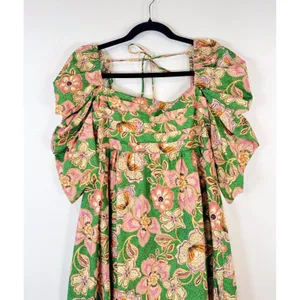Misa Dress Green Kate Mini Ruched Puffed Floral Pintuck Tie Back A Line Boho XS thumbnail 8