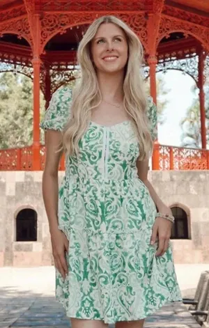 House Of Harlow 1960 Puff Sleeve Hook & Eye Linen Blend Mini Dress M Ivory/Green thumbnail 1