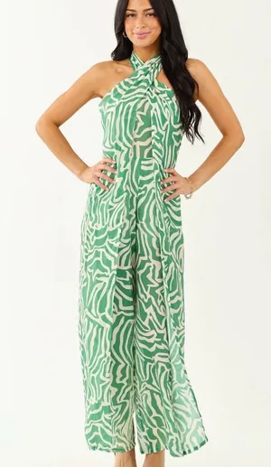 Very Classy Green Zebra-Print Halter Wide-Leg back less Jumpsuit by Lime Lush! thumbnail 1
