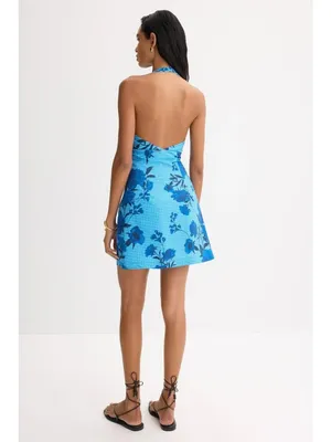 Jewel x Badgley Mischka Halter V-Neck Mini Dress in Blue 6 Womens Floral thumbnail 2