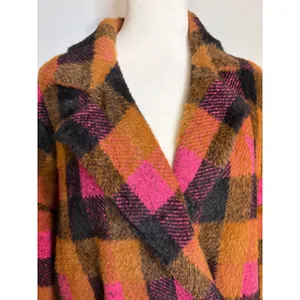 NVLT Pink‎ Brown Buffalo Plaid Double Breasted Fuzzy Longline Coat Coatigan thumbnail 3
