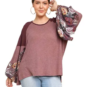 Umgee Waffle Knit Balloon Sleeve Sweater Top Sz Large Boho Patchwork thumbnail 1