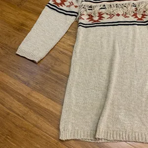 Maurices Women's 1X‎ Beige Geometric Fringe Longline Open Front Cardigan Sweater thumbnail 3