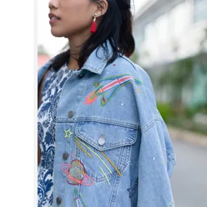ASOS x Refinery29 Space Embroidered Denim Jacket Light‎ Wash Rocket Star XS thumbnail 2