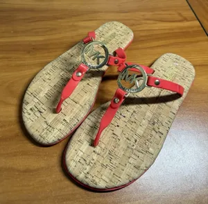 Women's Michael Kors Red Charm Jelly PVC Logo Flip Flop Sandals Cork 7B thumbnail 1