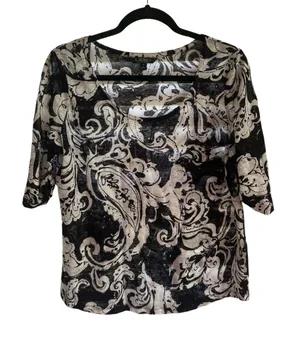 Lauren Ralph Lauren Black and Cream Paisley Short Sleeve Blouse 100% Linen thumbnail 1