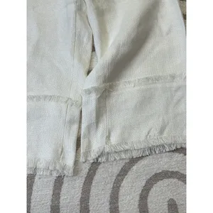 Uterqüe Women Off White Wide Leg Crop Pants Textured Raw Hem Fringe High Waist S thumbnail 16