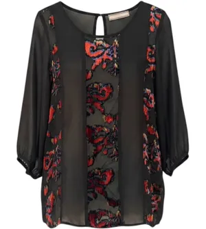Addie Black Velvet Floral Burnout Sheer Boho Blouse‎ Women's Large Black Dainty thumbnail 1