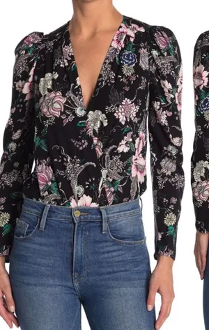 AFRM Surplice Long Sleeve‎ Bodysuit Puff Sleeve Black Pink Floral Small S thumbnail 1