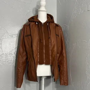 TAGOO Brown Faux Leather Jacket with Removable Hood. thumbnail 7
