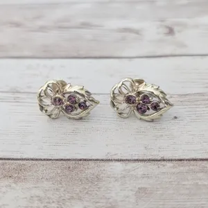 Vintage Screw On Earrings Gold Tone with Purple Gems - Gold Tone Chipping thumbnail 4