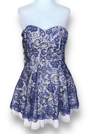 Camille La Vie HOCO Homecoming Dress Navy Lace Strapless Fit Flare Romantic thumbnail 1