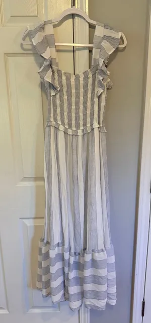 Blu Pepper Striped Smocked Ruffle Trim Midi Dress - Size Medium thumbnail 1