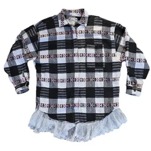 Vintage Women's White blue Plaid Floral Lace Button Down Boho Western.‎ Large thumbnail 1