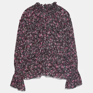 Zara RUFFLED PRINT HIGH COLLAR BLOUSE Black/Pink thumbnail 5