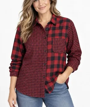 LL Bean Red/Black Scotch Plaid Cotton Flannel Button Shirt Relaxed Fit LARGE thumbnail 1