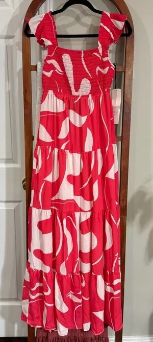 Crystal Doll Red White Smocked Tiered Maxi Dress Ruffle Straps‎ Size S NWT thumbnail 1