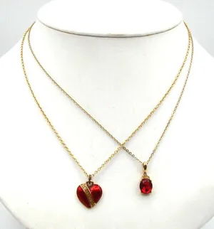 Two Necklaces Enamel Red Heart and Rhinestone Red Solitaire Gold Tone Valentines thumbnail 1
