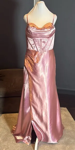Pink Full Length Prom Party Dress Criss Cross Back Straps Leg Slit Size 14 NEW thumbnail 1