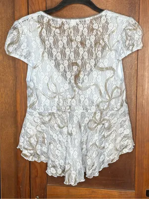 Kimchi Blue Taylor Lace Babydoll Top Blue Sheer V Neck Milkmaid Coquette Fairy M thumbnail 4