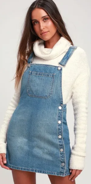 Free People Louise‎ Denim Skirtall Overall Dress Medium Wash Blue Size 0 thumbnail 1