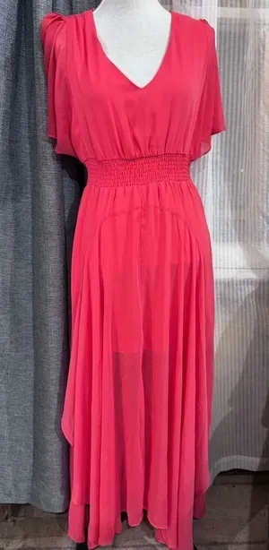 Express Womens coral Chiffon Maxi Dress V-Neck Smocked Waist Flutter Sleeve Med thumbnail 1