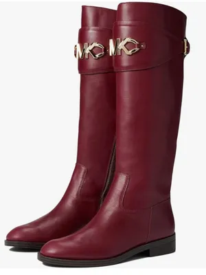 Michael Kors Izzy Tall Leather Riding Boots Dark Berry Color with Gold MK Accent thumbnail 1