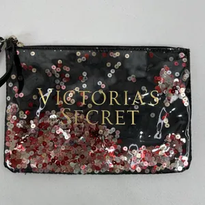 Victoria's Secret Wristlet Pouch Black Sequin Floating Logo Glam Makeup Bag thumbnail 3
