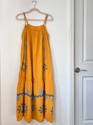 Zara Yellow Floral Applique Cotton Linen Sleeveless Dress Small Limited Edition thumbnail 8