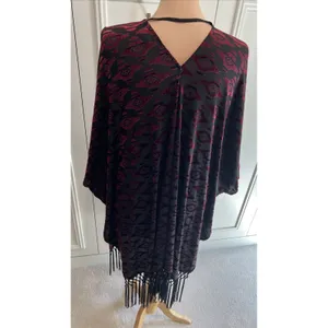 ASTR Velvet Burnout Fringe Cardigan Kimono Western Aztec Burgundy Black Gypsy thumbnail 4