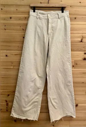 Oat 8/29 Cream High Rise Wide Leg Cotton Blend Pants Raw Edge Summer Casual thumbnail 1