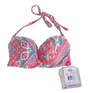 NWT Coco Rave‎ 32D Nixie lightly padded halter bright bikini top pink blue thumbnail 1