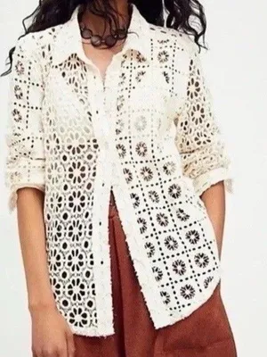 Free People FP One Yesenia Blouse M Crochet Embroidered Button Down Ivory Boho thumbnail 1
