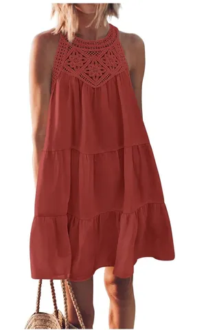 Sleeveless Crochet Yoke Tiered Dress in Rust thumbnail 1