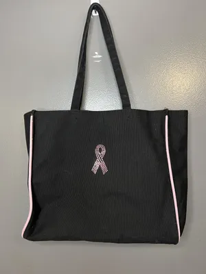 Pink Ribbon Awareness Tote Bag Womens Medium Black Canvas Shoulder Lined thumbnail 1