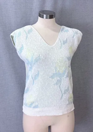 Vintage‎ Sweater Vest White Floral Pastel Knit V-Neck Cotton G.F.C. Ltd Size M thumbnail 1