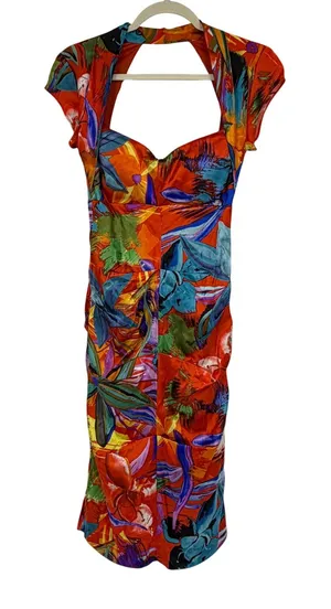 Vintage Cache Dress Size 2 Orange Abstract Floral Open Back Silk Blend Y2K Midi thumbnail 1