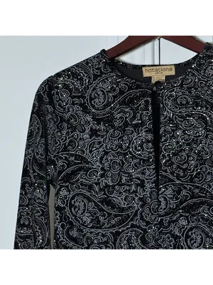 Notations Vintage Black Velvet Glitter Paisley Long Sleeve Top Petite Medium Whimsigoth thumbnail 8