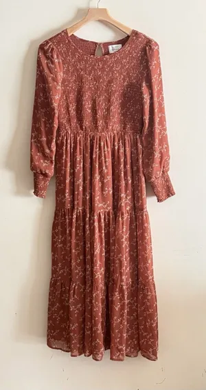 Bohme Rust Smocked‎ Midi Dress Floral Fall Tiered Size Small Boho Casual thumbnail 1