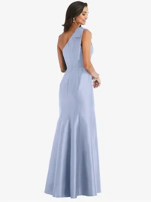 Alfred Sung Bow One-Shoulder Satin Trumpet Gown Sky Blue size 4 thumbnail 3