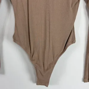 White Fox Ribbed High Neck‎ Long Sleeve Bodysuit in Tan Size Medium thumbnail 4